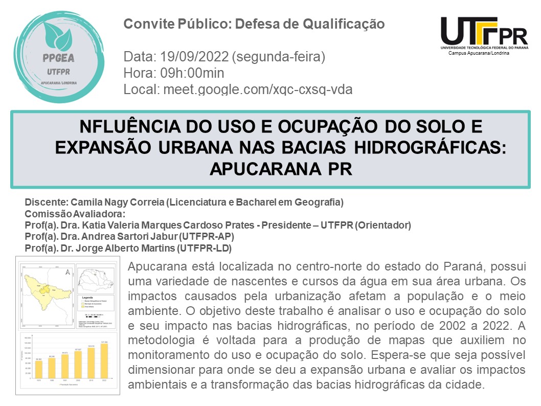 Convite Público: Defesa de Qualificação: INFLUÊNCIA DO USO E OCUPAÇÃO DO SOLO E EXPANSÃO URBANA NAS BACIAS HIDROGRÁFICAS: APUCARANA PR