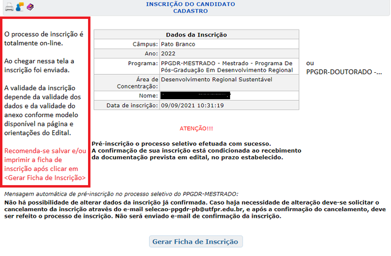 Tela final do processo de envio da inscrição