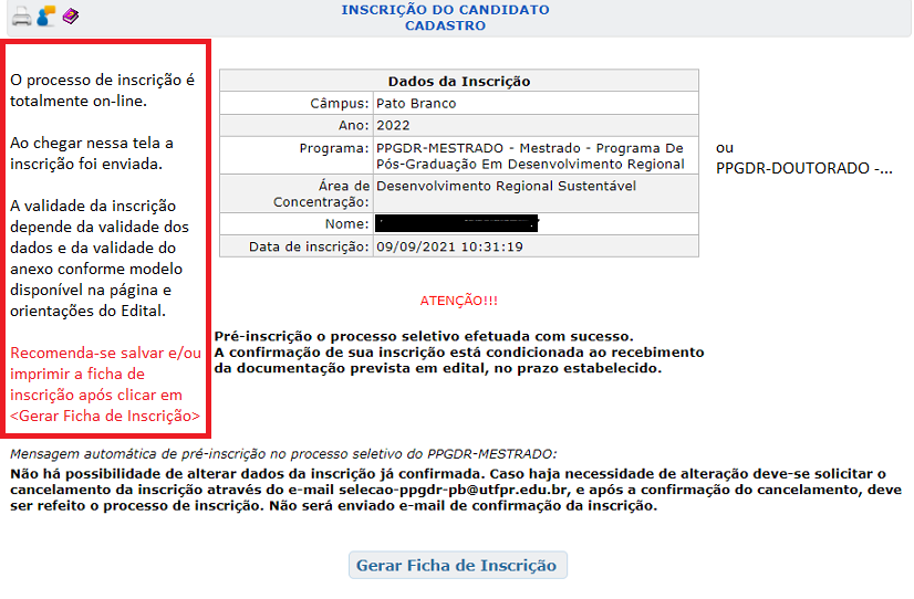 Tela final do processo de envio da inscrição