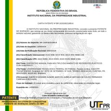 Carta de Patente do Instituto Nacional da Propriedade Industrial – INPI