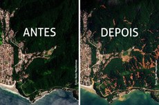 Imagens mostram o antes e o depois do local atingido no Litoral de SP (Foto: Rede Mapbiomas)