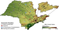 Localização das estações de monitoramento da qualidade do ar utilizadas neste estudo, Estado de São Paulo.