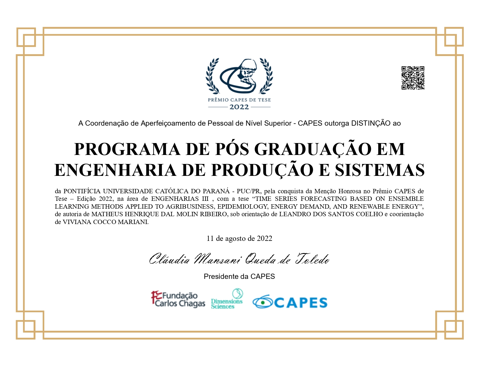 Certificado recebido pelo professor Matheus