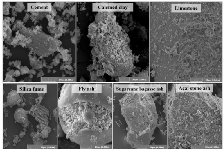 Portland cement, calcined clay, limestone and SCM micrographs.