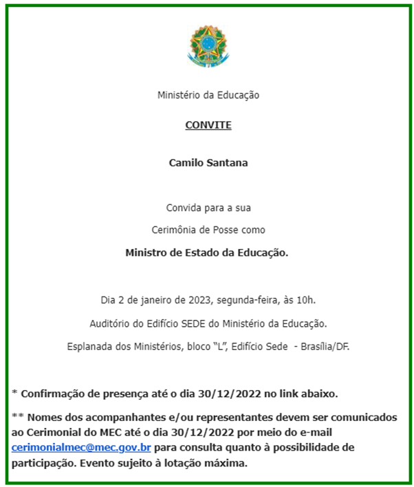 convite cerimônia posse MEC